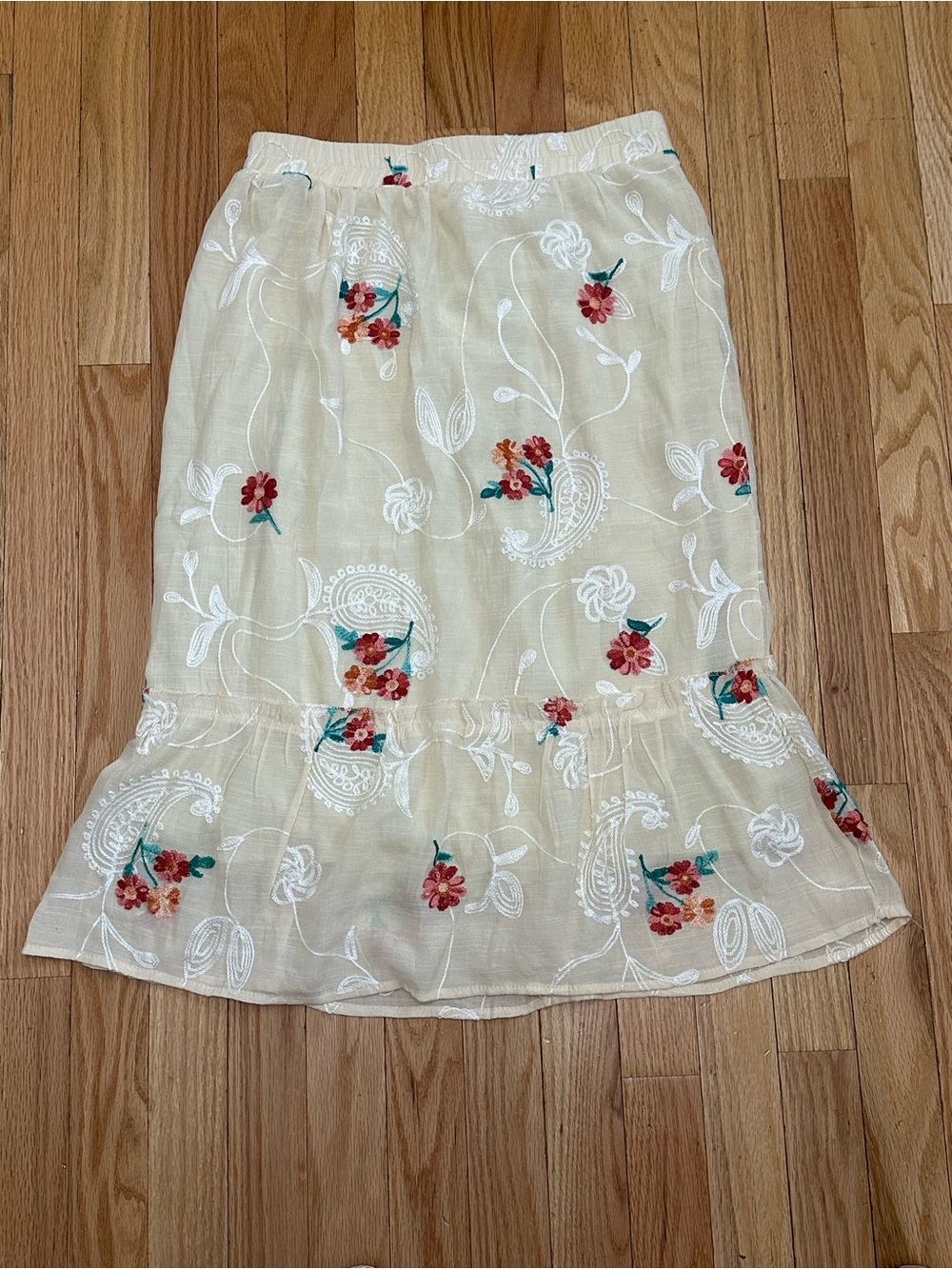Cream Floral Embroidered Midi Skirt with Ruffle Hem